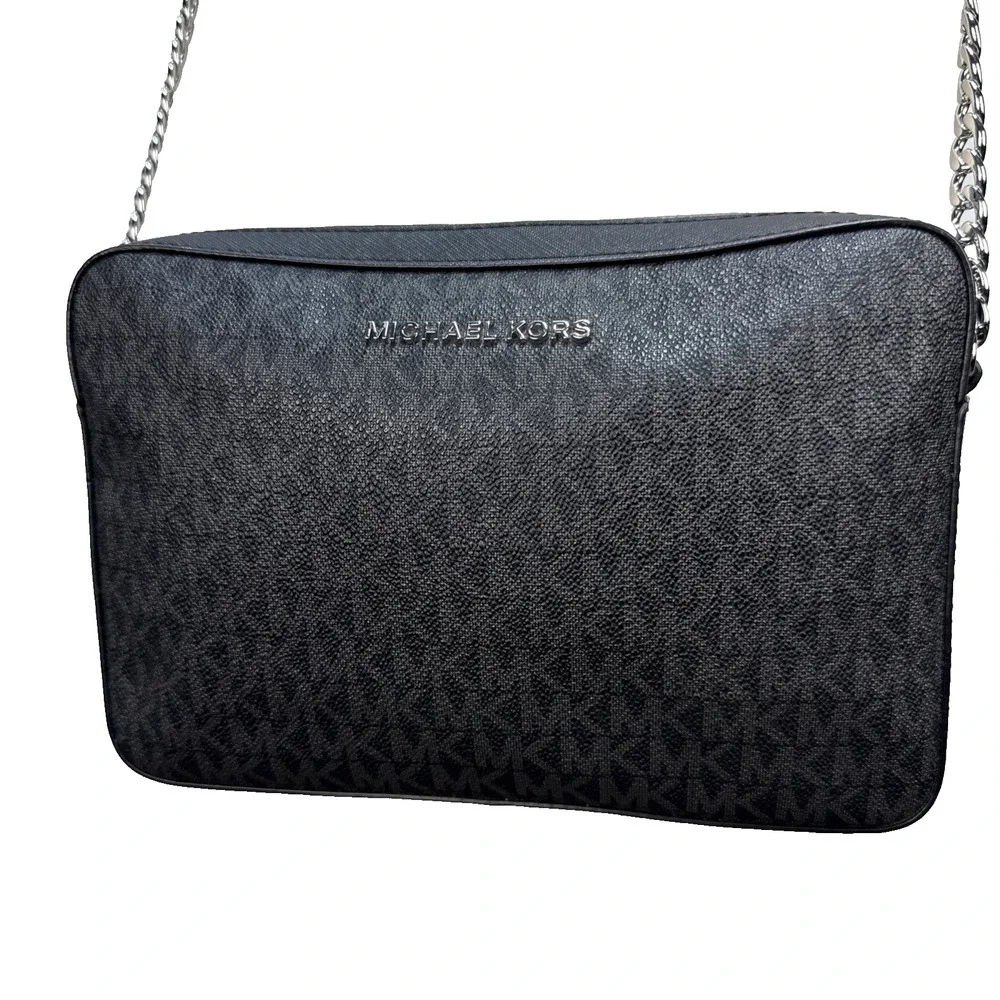 Michael Kors Black Jet Set Large Logo Crossbody Bag Purse Silver Classic Minimal